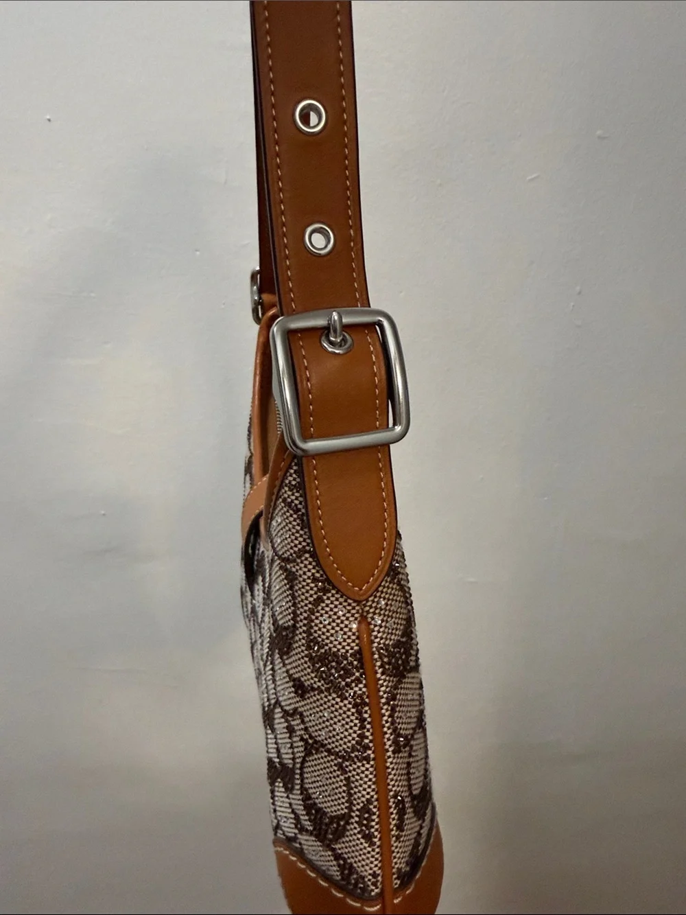 Coach Brown Signature Canvas Shoulder Bag with Tan Leather Trim